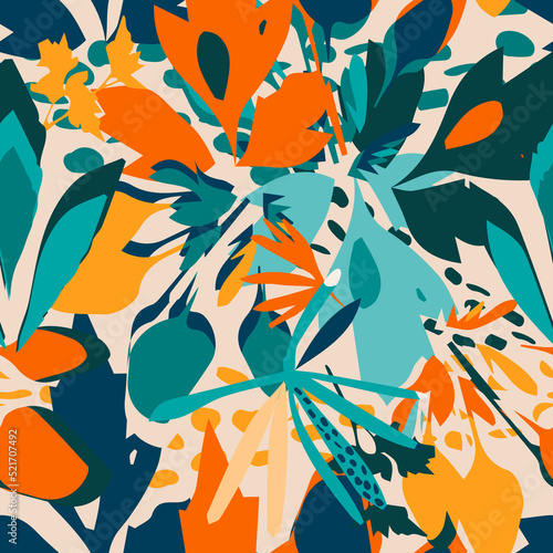 Vibrant tropical seamless pattern, raster version. Color floral background. B...