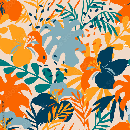 Seamless pattern with tropical plants and flowers, raster version. Jungle lea...