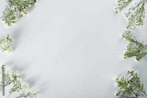 Wallpaper Mural chrysanthemum and cutter flowers composition. Pattern and Frame made of various yellow or orange flowers and green leaves on white background. Flat lay, top view, copy space, spring, summer concept. Torontodigital.ca