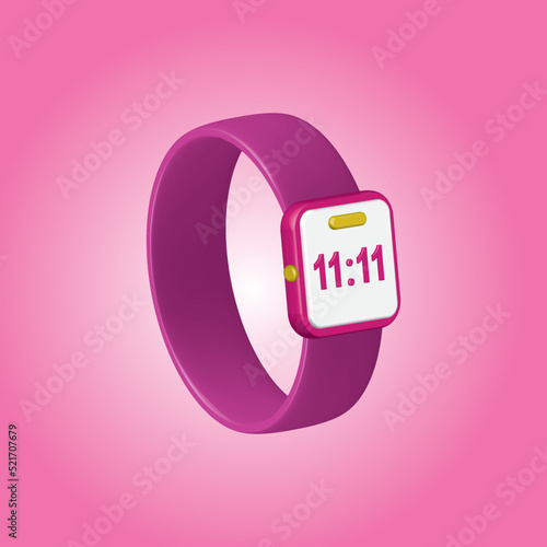 Smart watch hand wearable accessory pink wrist bracelet5 with time. 11 o'clock. 3d render realistic vector icon on pink background. 
