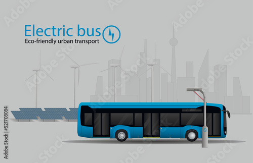 Tableau sur toile Electric bus at the charging station against the backdrop of renewable energy and a large city