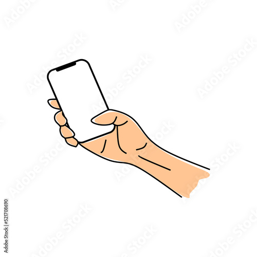 Hand holding cell phone blank on white screen and white background. smartphone vector illustration