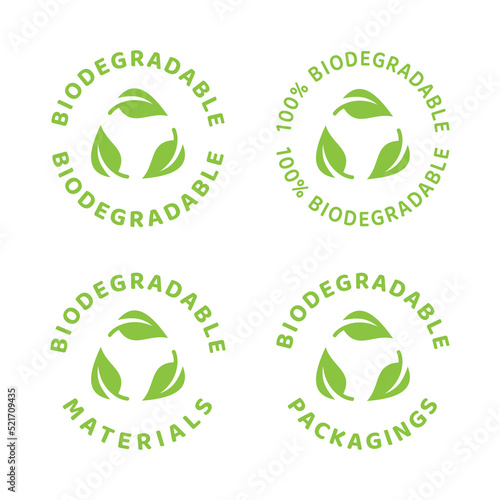 Biodegradable label in green with leaf and circle. Eco packaging recyclable symbol.