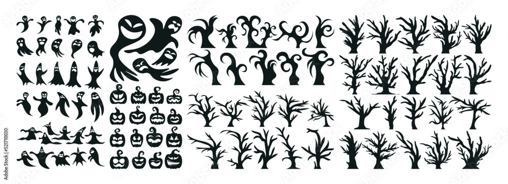 Fototapeta premium Set of Halloween Silhouette Icon and Character. Halloween Vector Illustration Isolated on White Background