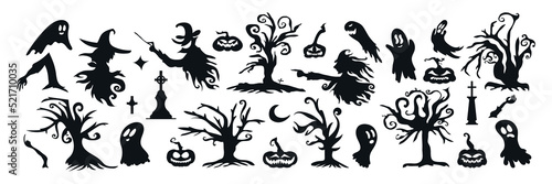 Set of Halloween Silhouette Icon and Character. Halloween Vector Illustration Isolated on White Background