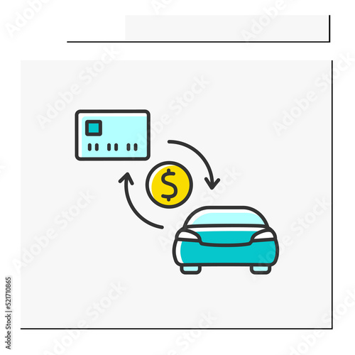 Purchase color icon. Buying car. Refunding small percentage of money from buying automobile and details.Cashback service concept. Isolated vector illustration