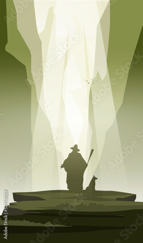 silhouette of a Wizard person with a sword and Dog