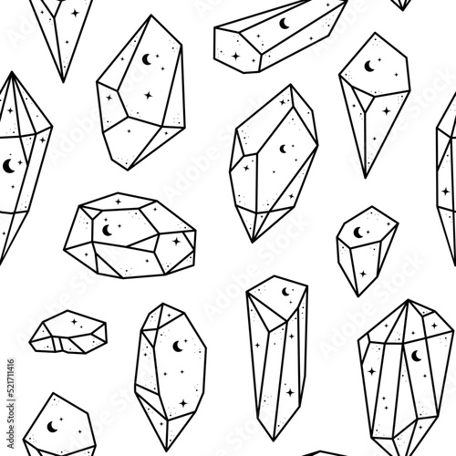 Mystic celestial seamless pattern with magical crystal. Trendy witchcraft symbol magic gem stone. Mystical crystals, stars, crescent moon.