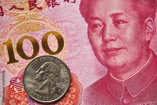 banknot chiński, 100 juanów, moneta amerykańska, Chinese banknote, 100 yuan, American coin