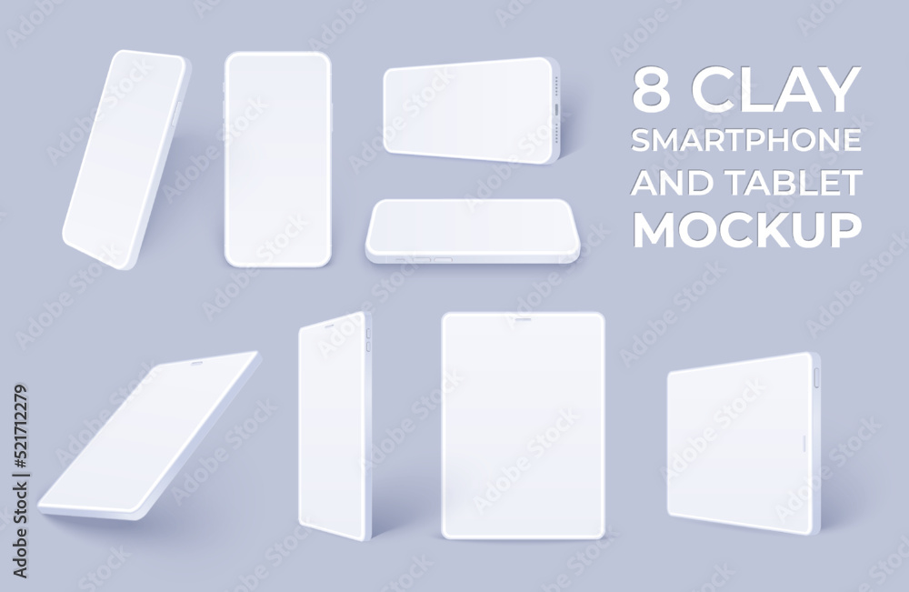White smartphone mockup and tablet pack, Clay realistic mobile phone ...