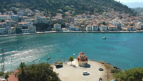 Aerial view over Nisis Kranai or Kranai Islet in Gytheio, Laconia, Greece