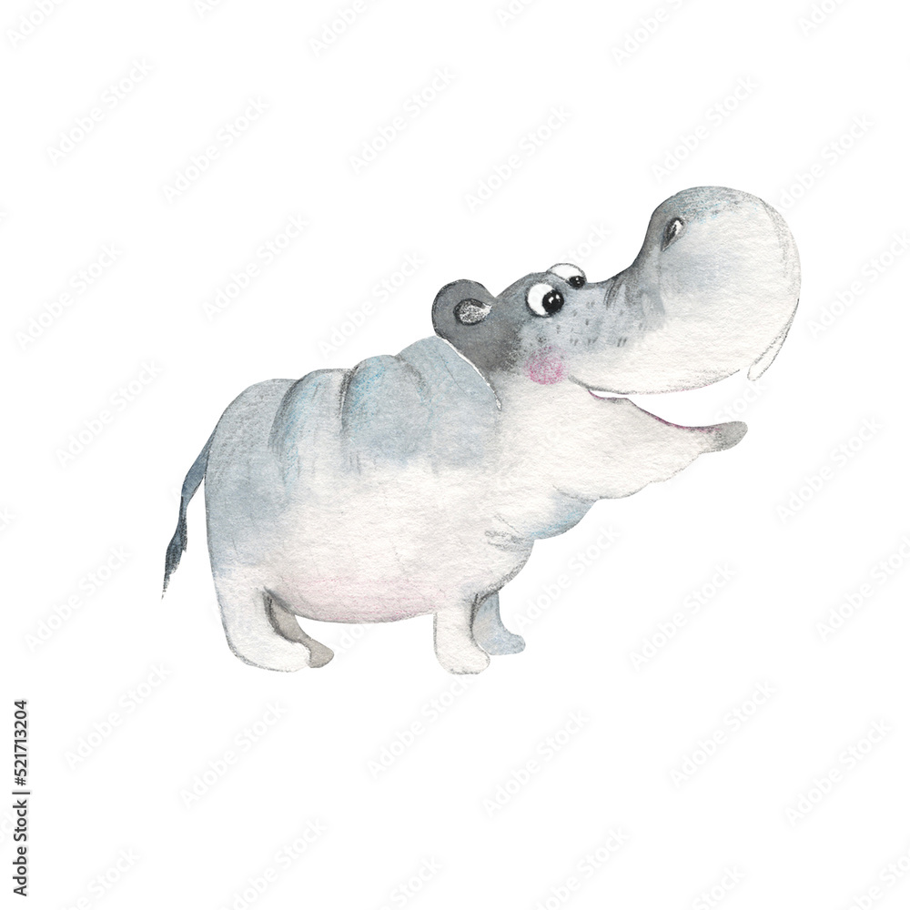 Cute baby hippo isolated on white background. Watercolor hand drawn illustration. Cute baby hippo isolated on white background. Watercolor hand drawn illustration.