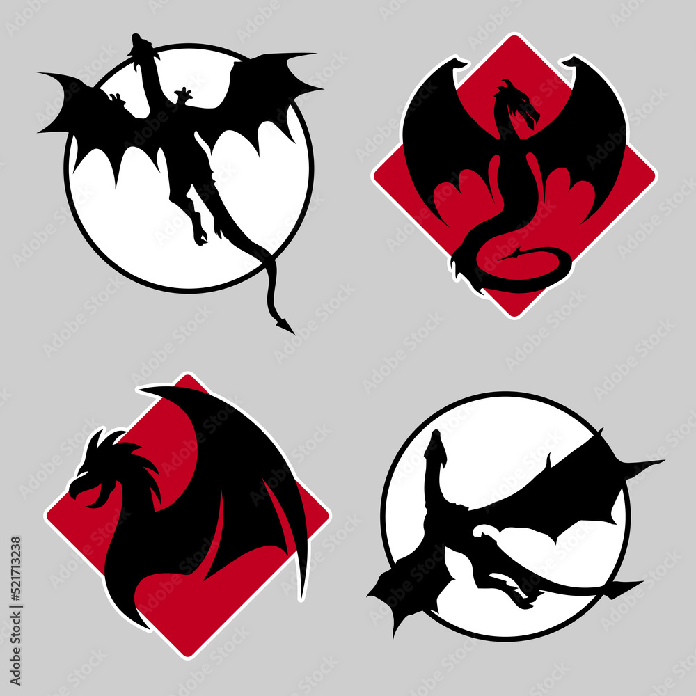 Black dragons and wyverns as sticker pack for design website, logo, clothes, sign, application