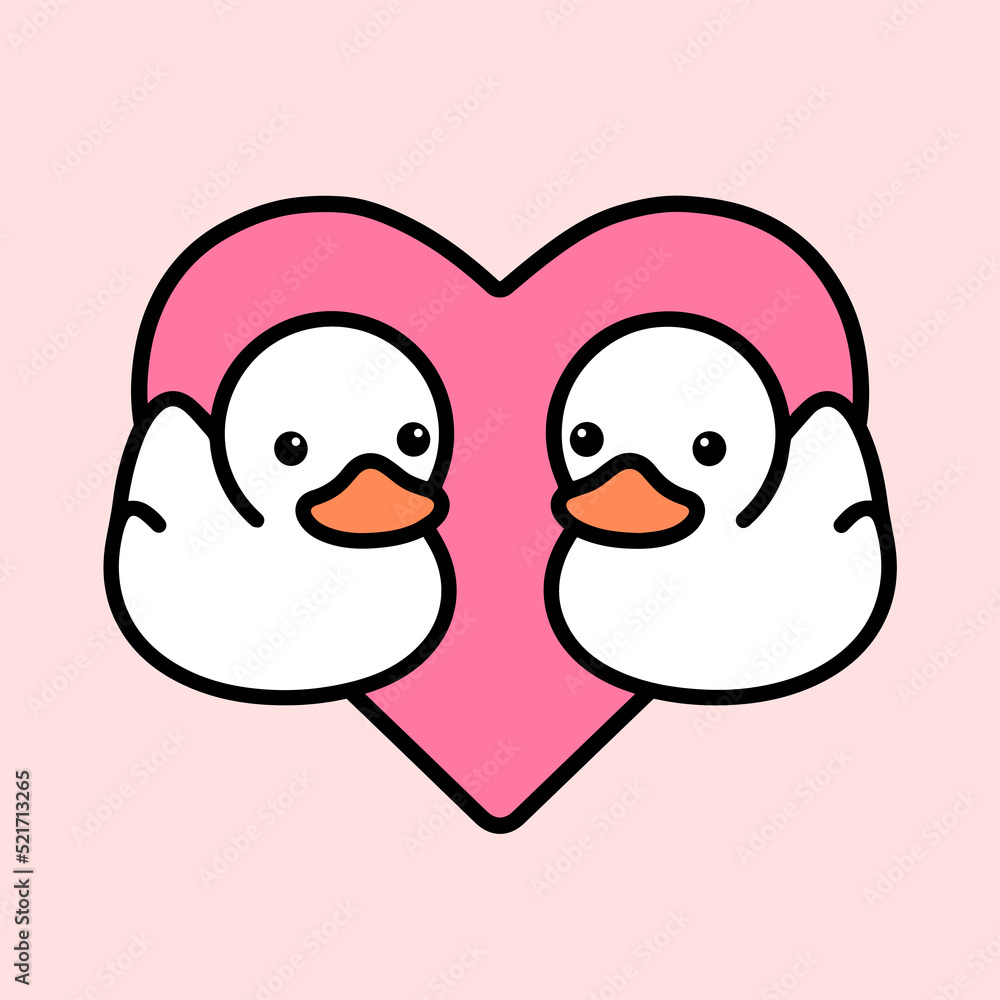 Couple of two little pretty ducks on the backdrop of heart as sticker, print or pattern. Two loving small geese as poster, wallpaper or background. Vector romantic picture of a cute ducks. Couple of two little pretty ducks on the backdrop of heart as sticker, print or pattern. Two loving small geese as poster, wallpaper or background. Vector romantic picture of a cute ducks.