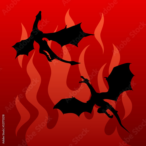 Foto Black flying wyverns on the fire background as symbol of the house Targaryen