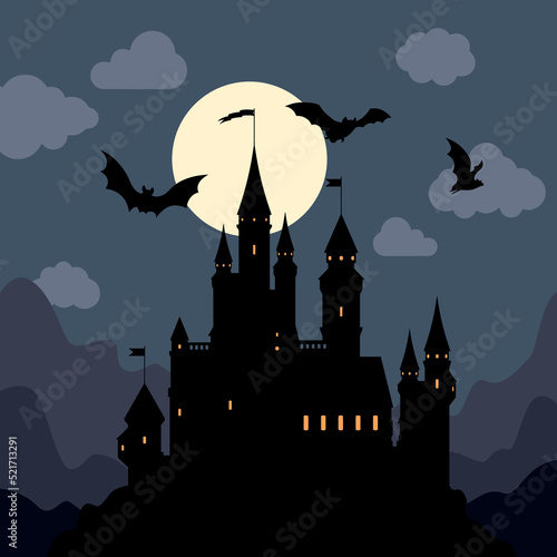 Halloween vector illustration of a amazing view of a castle and bats in the sky in the night. Dark gothic picture made up of medieval castle under the cloudy night sky and bats on the backdrop of moon