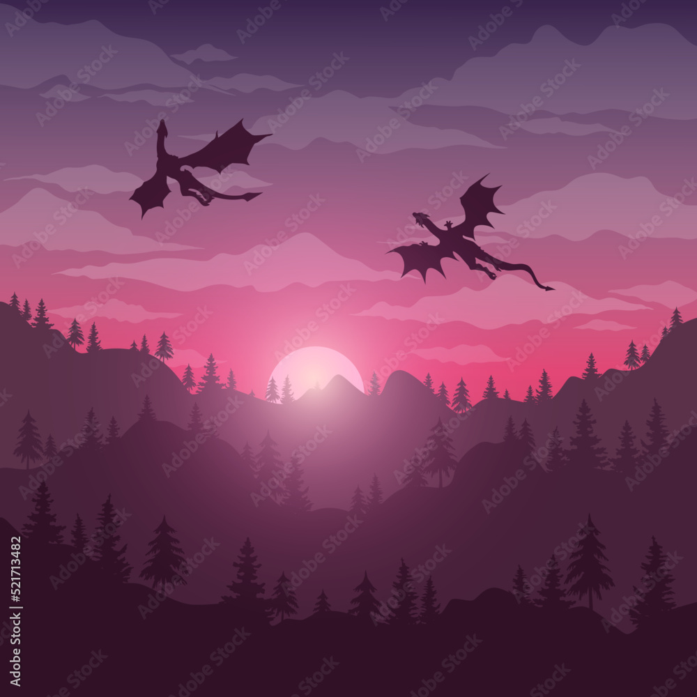 Beautiful view of two dragons over the mountains and forest before sunrise.  Vector illustration as wallpaper or poster for the series House of the  Dragon - prequel Game of Thrones. Stock Vector