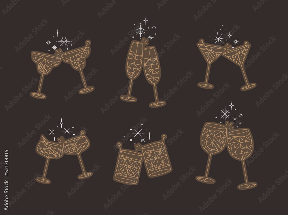 Cocktail glasses cheers for prosecco, wine, whiskey, vermouth, gin, martini, aperol, margarita in modern flat line style drawing on brown background