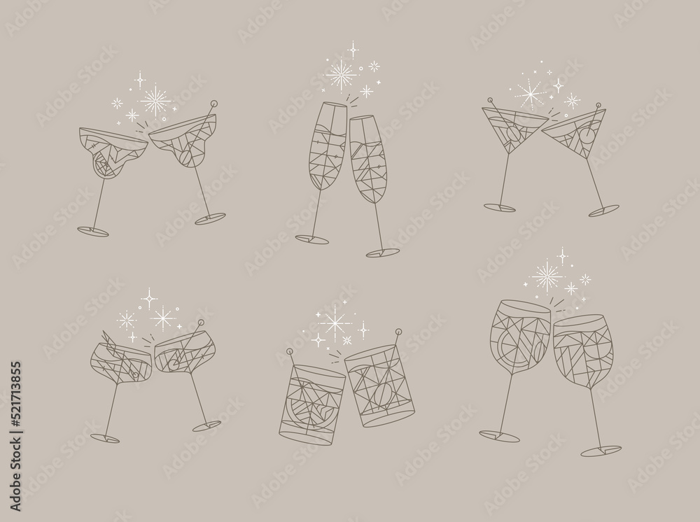 Cocktail glasses cheers for prosecco, wine, whiskey, vermouth, gin, martini, aperol, margarita in modern flat line style drawing on gray background