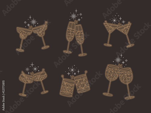Obraz na płótnie Cocktail glasses cheers for prosecco, wine, whiskey, vermouth, gin, martini, aperol, margarita in modern flat line style drawing on brown background w salonie