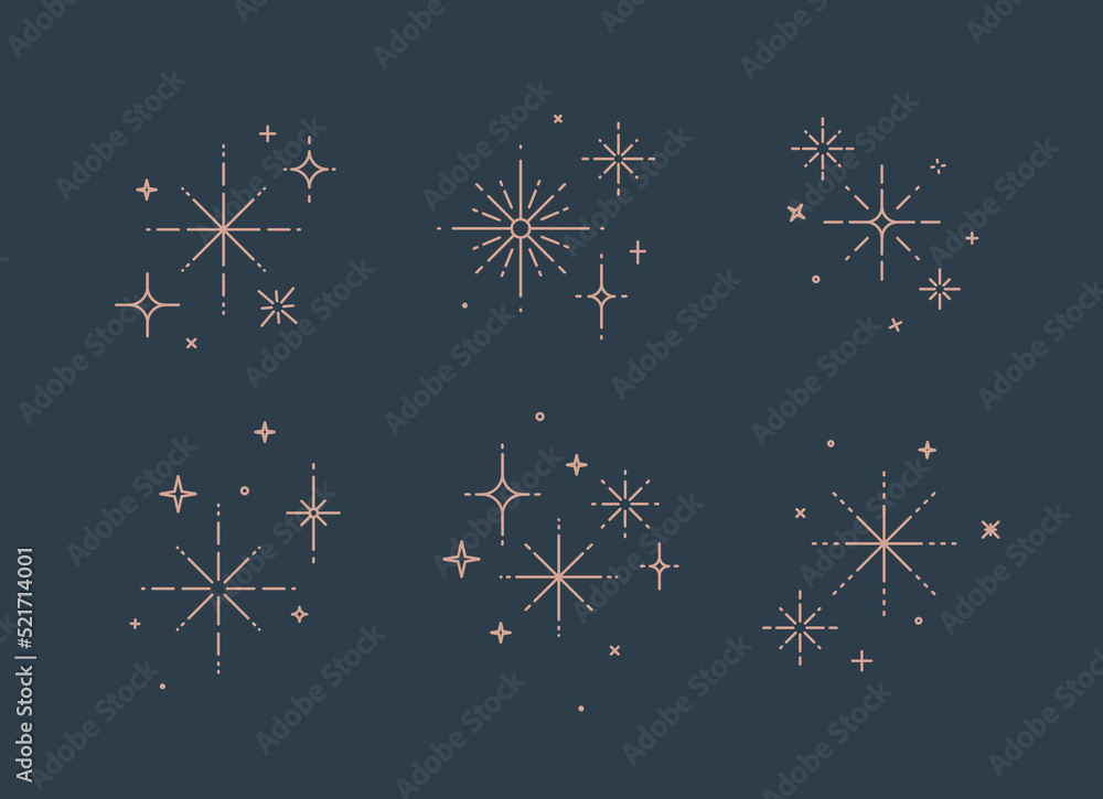Clink splashes, stars, glowing in flat line art deco style drawing on blue background