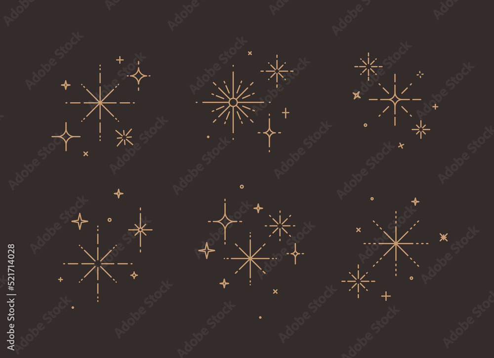 Clink splashes, stars, glowing in flat line art deco style drawing on brown background