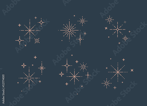 Obraz na płótnie Clink splashes, stars, glowing in flat line art deco style drawing on blue background w salonie
