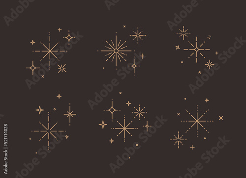 Obraz na płótnie Clink splashes, stars, glowing in flat line art deco style drawing on brown background w salonie