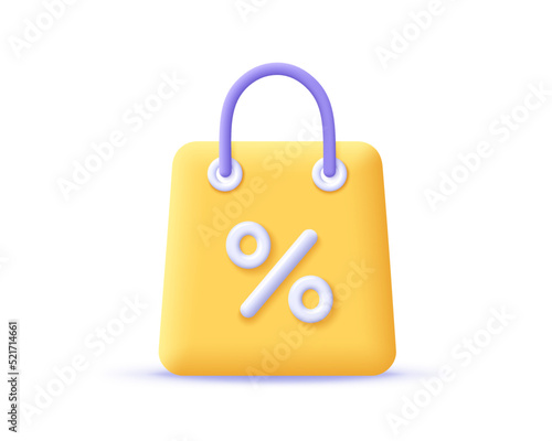 3d shopping bag icon with percent symbol. Render shopping paper bag for discount concept, sale on goods and online shopping. 3d vector cartoon minimal illustration