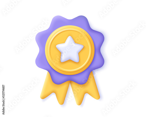 3d medal with star and ribbon icon. Render medal for quality certificate  best customer and winner concept. 3d badge vector cartoon minimal illustration