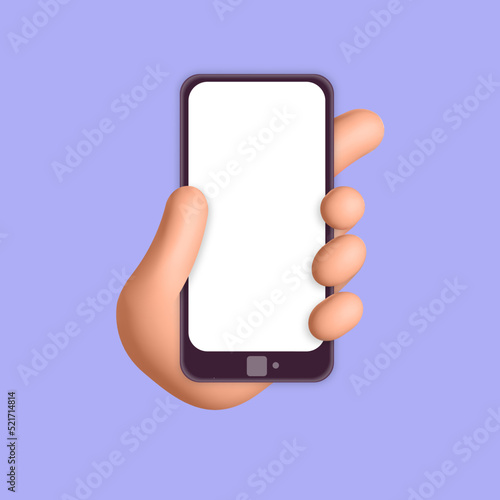 Mans hand holdings cellphone with white screen mockup template 3d vector design illustration. Application, service ideas isolated on white background.