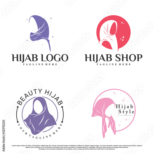 Set of hijab for moslem fashion logo design with creative element Premium Vector
