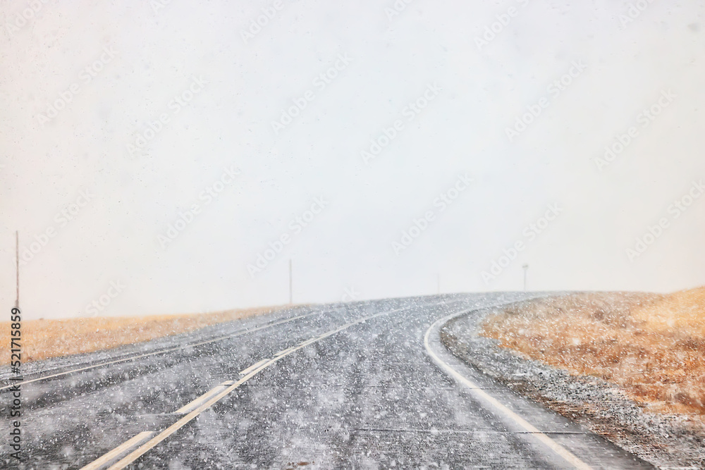 winter highway snowfall background fog poor visibility