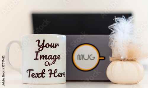 custom text and image white cup seller. personalized mug design. personalised mug mock-up design for e-commerce seller. custom cup mockup print.   photo