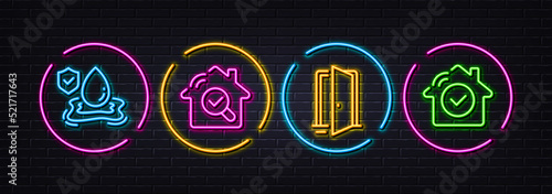 Inspect, Flood insurance and Open door minimal line icons. Neon laser 3d lights. House security icons. For web, application, printing. Search building, Full coverage, Entrance. Smart home. Vector