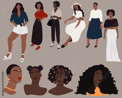 Set of abstract black women characters. Contemporary portraits. Modern Boho style background for art print, poster, card, decor, tote bag. EPS 10