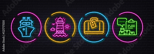 Hand baggage, Ship and Lighthouse minimal line icons. Neon laser 3d lights. Inventory report icons. For web, application, printing. Airport bag, Shipping watercraft, Beacon tower. Vector