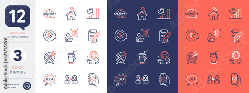 Set of Cocktail, People communication and Home line icons. Include Growth chart, Delivery service, Creativity icons. Archery, Computer fingerprint, Dollar exchange web elements. Vector