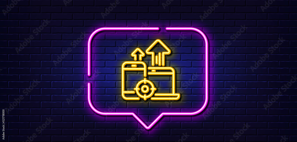 Neon light speech bubble. Seo devices line icon. Web targeting sign. Traffic management symbol. Neon light background. Seo devices glow line. Brick wall banner. Vector Neon light speech bubble. Seo devices line icon. Web targeting sign. Traffic management symbol. Neon light background. Seo devices glow line. Brick wall banner. Vector