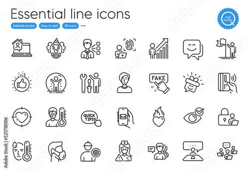 Clown, Third party and Recovered person line icons. Collection of Fake information, Heart flame, Fever icons. People, Interview job, Leadership web elements. Lock, Engineer, Nurse. Smile. Vector