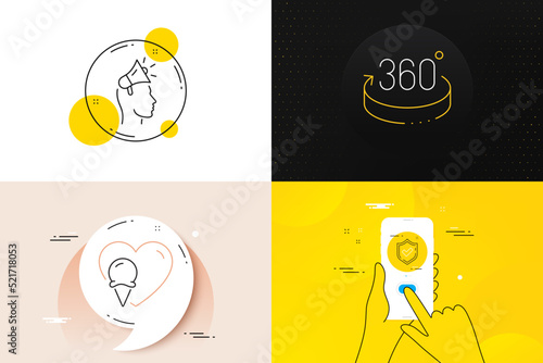 Minimal set of 360 degrees, Ice cream and Brand ambassador line icons. Phone screen, Quote banners. Confirmed icons. For web development. Full rotation, Sundae cone, Megaphone. Vector
