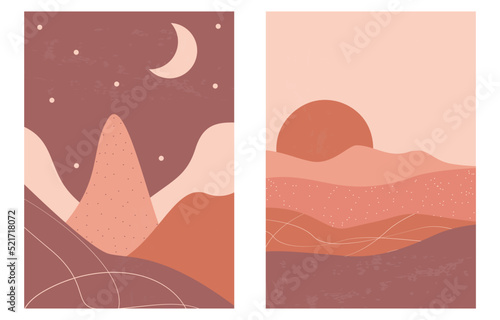 Set of trendy minimalist landscape. Boho poster collection mountains, sunset, moon.landscape scenes. Design for social media, wallpapers, postcards, prints. © Anna