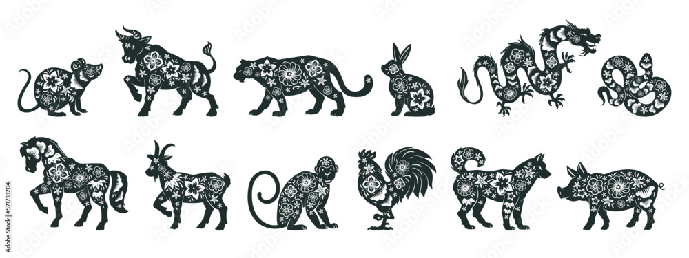 Chinese zodiac signs silhouettes, lunar New Year horoscope animals. Oriental astrological calendar tiger, rabbit and rooster signs flat vector illustrations set. Asian horoscope symbols