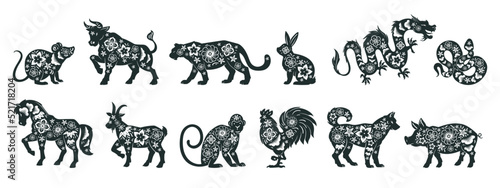 Chinese zodiac signs silhouettes, lunar New Year horoscope animals. Oriental astrological calendar tiger, rabbit and rooster signs flat vector illustrations set. Asian horoscope symbols