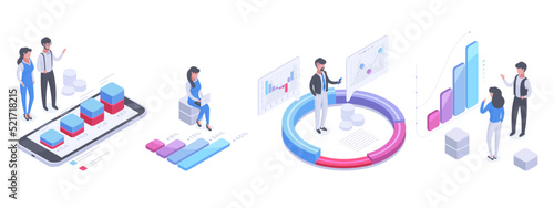 Isometric chart statistics analysis, people analysing data. Business people with data and financial diagram on computer screen 3d vector illustration set. Data analysing scenes