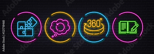 Recovery data, Puzzle and 360 degrees minimal line icons. Neon laser 3d lights. Feedback icons. For web, application, printing. Backup info, Engineering strategy, Full rotation. Vector