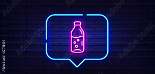 Neon light speech bubble. Water bottle line icon. Soda aqua drink sign. Liquid symbol. Neon light background. Water bottle glow line. Brick wall banner. Vector