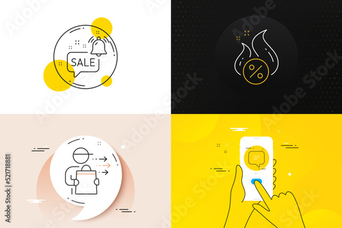 Minimal set of Hot loan, Promotion bell and Food delivery line icons. Phone screen, Quote banners. Text message icons. For web development. Discount offer, Sale offer, Courier. Chat bubble. Vector