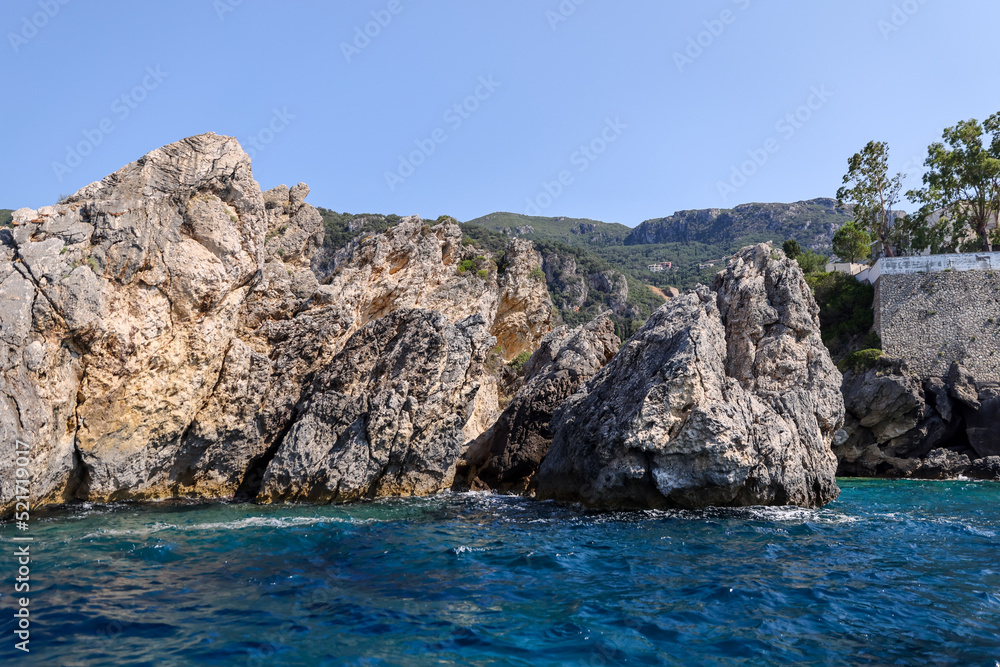 The rocky shorelines along the coast of Corfu Greece