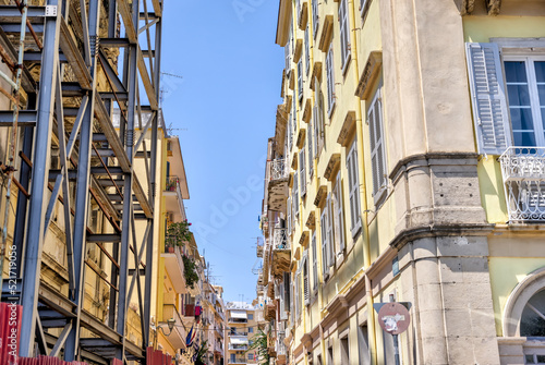 Building facades on the streets of the old town of Corfu in Greece